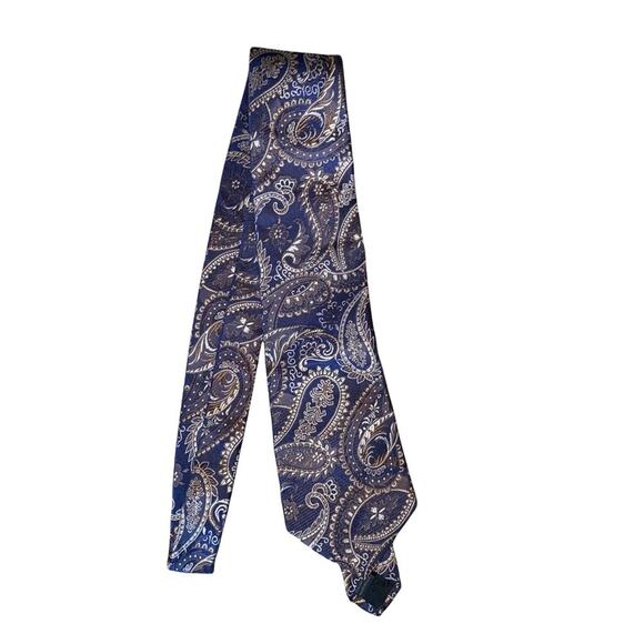 Express Design Studio Paisley Print Blue and Brown 100% Italian Silk Tie - Picture 8 of 12